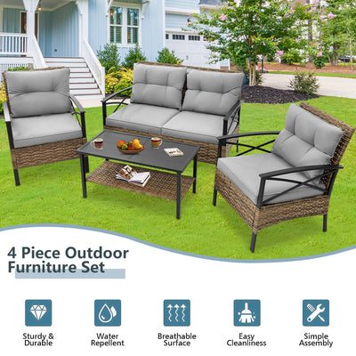 Patio Sofa Set, 4 Pieces Outdoor Sectional Furniture, All-Weather PE Rattan Wicker Patio Conversation Set, Cushioned Sofa Set with Coffee Table for Patio Garden Poolside Deck