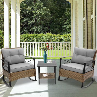 Clearance! 3 Piece Patio Rocking Bistro Set, PE Rattan Rocking Chairs Set of 2 and Glass Side Table, Outdoor Furniture Conversation Set with Cushion for Patio Lawn Garden Cafe Pub