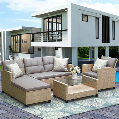 Rattan Patio Sofa Set, 4 Pieces Outdoor Sectional Furniture, All-Weather PE Rattan Wicker Patio Conversation, Cushioned Sofa Set with Glass Table & Storage Box for Patio Garden Poolside Deck