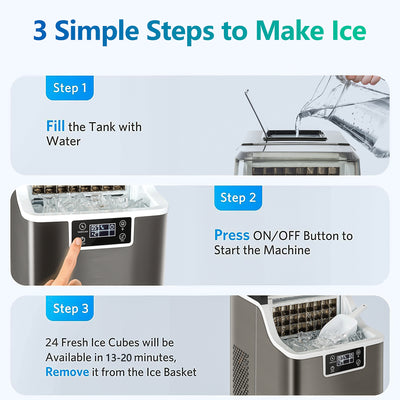 Portable Electric Countertop Ice Maker Machine, Upright Ice Maker, 44Lbs/24H Self-Clean with LCD Display, Ice-Make 24pcs Ice per Cycle with Ice Scoop & Basket, Ice Cube Maker for Home Kitchen, Silver