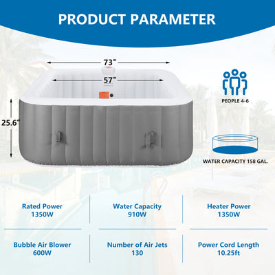 4-6 Person Outdoor Portable Inflatable Heated Hot Tub with 130 Bubble Jets, Square Inflatable Heated Pool Spa with Insulated Cover, Insulated Cover and Carry Bag