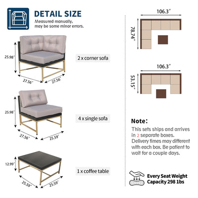 7 Piece Outdoor Patio Furniture Set, Modular Outdoor Sectional Sofa Set with Removable Cushions, PE Rattan Conversation Sets with Coffee Table, Gray