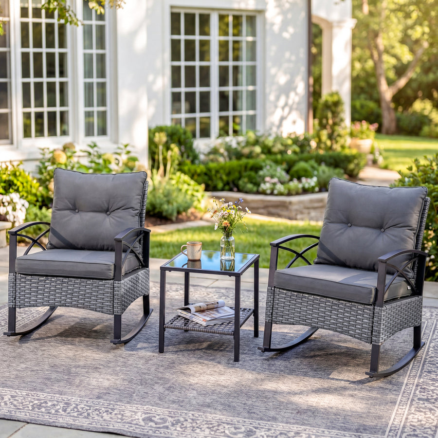 3 PCS Rocking Bistro Set, Outdoor Patio Porch Furniture Sectional Chairs with Tea Table, PE Rattan Patio Furniture Conversation Set for Lawn Pool Courtyard Garden Balcony