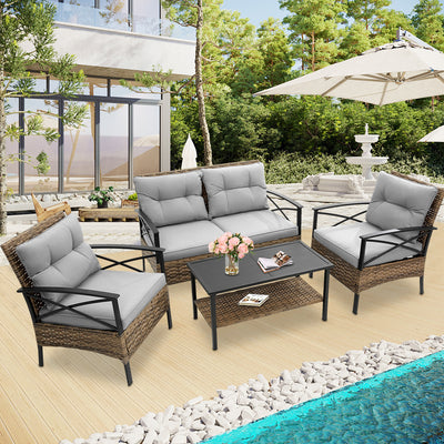 Patio Sofa Set, 4 Pieces Outdoor Sectional Furniture, All-Weather PE Rattan Wicker Patio Conversation Set, Cushioned Sofa Set with Coffee Table for Patio Garden Poolside Deck