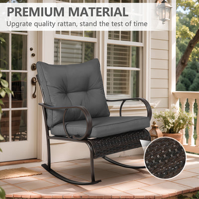 Clearance! 3 Piece Patio Rocking Bistro Set, PE Rattan Rocking Chairs Set of 2 and Glass Side Table, Outdoor Furniture Conversation Set with Cushion for Patio Lawn Garden Cafe Pub