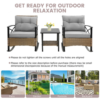 3 PCS Rocking Bistro Set, Outdoor Patio Porch Furniture Sectional Chairs with Tea Table, PE Rattan Patio Furniture Conversation Set for Lawn Pool Courtyard Garden Balcony