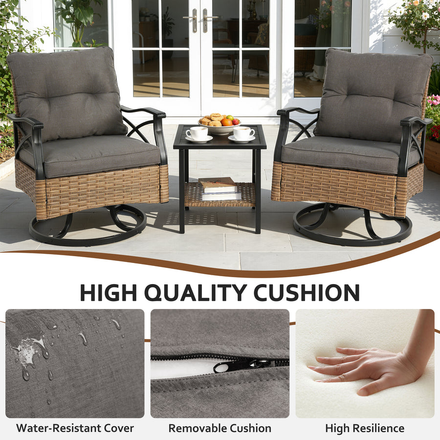 SEGMART 3 PCS Patio Swivel Rocker Set, PE Rattan Swivel Bistro Table Set, Outdoor Conversation Set with Glass Tabletop and Cushions for Balcony Patio Deck Poolside