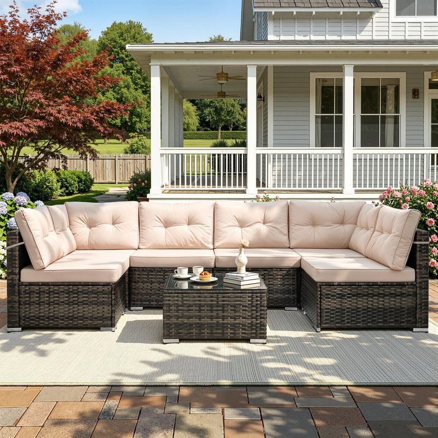 Patio Outdoor Furniture Sets, 7 Pieces All-Weather Rattan Sectional Sofa with Tea Table, Cushions & Pillow, PE Rattan Wicker Sofa Couch Conversation Set for Garden Backyard Poolside, B04