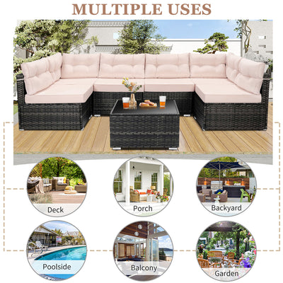 7 Piece Rattan Sectional Sofa Set, Outdoor Conversation Set, All-Weather Wicker Sectional Seating Group with Cushions & Coffee Table, Morden Furniture Couch Set for Patio Deck Garden Pool, B31