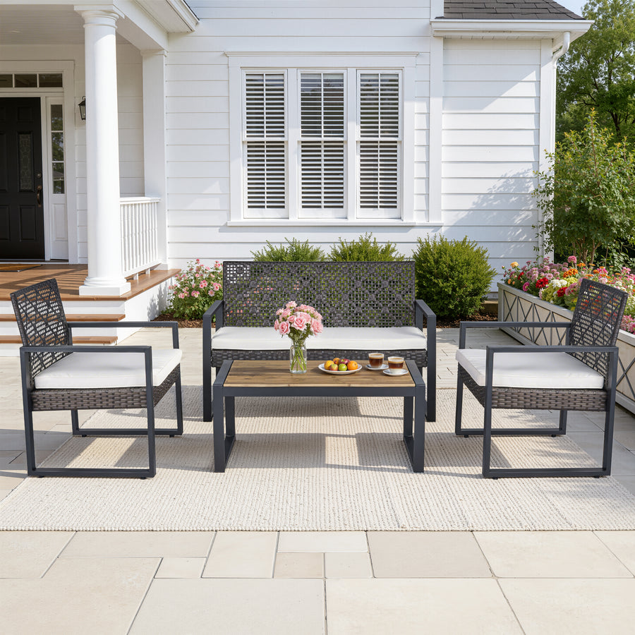 Patio Sofa Set, 4 Pieces Outdoor Sectional Furniture, All-Weather PE Rattan Wicker Patio Conversation Set, Cushioned Sofa Set with Coffee Table for Patio Garden Poolside Deck