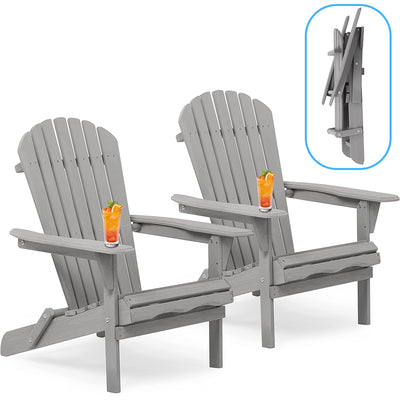 SEGMART Folding Wooden Adirondack Chair, Wooden Patio Chairs Set of 2 , Garden Chaise Chair, Seashell Slat Curved Back, Widen Seat Armrest for Garden, Lawn, Backyard