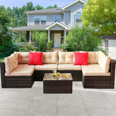 7 Piece Rattan Sectional Sofa Set, Outdoor Conversation Set, All-Weather Wicker Sectional Seating Group with Cushions & Coffee Table, Morden Furniture Couch Set for Patio Deck Garden Pool, B31