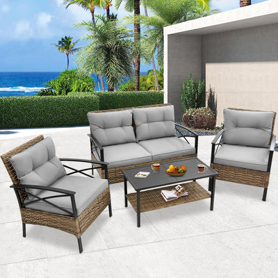 Patio Sofa Set, 4 Pieces Outdoor Sectional Furniture, All-Weather PE Rattan Wicker Patio Conversation Set, Cushioned Sofa Set with Coffee Table for Patio Garden Poolside Deck