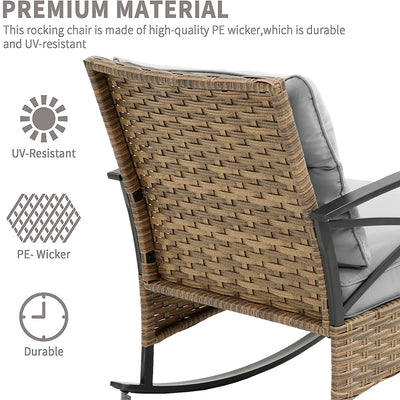 Clearance! 3 Piece Patio Rocking Bistro Set, PE Rattan Rocking Chairs Set of 2 and Glass Side Table, Outdoor Furniture Conversation Set with Cushion for Patio Lawn Garden Cafe Pub
