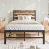 Twin Size Bed Frame with Modern Wooden Headboard, Heavy Duty Platform Metal Bed Frame with Square Frame Footboard, Metal Slats Support Mattress Foundation, Noise-Free, No Box Spring Needed