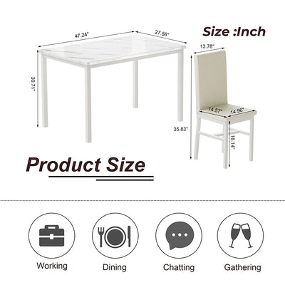 5 Piece Dining Table Sets, Metal Dinette Set Faux Marble Rectangular Breakfast Table with Metal Legs & White Finish Frame, Dining Table and Chairs for an Apartment or Breakfast Nook, White, S12514