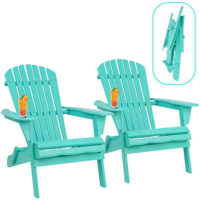 SEGMART Folding Wooden Adirondack Chair, Wooden Patio Chairs Set of 2 , Garden Chaise Chair, Seashell Slat Curved Back, Widen Seat Armrest for Garden, Lawn, Backyard