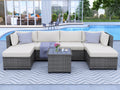 7 Piece Patio Furniture Set with 6 Rattan Wicker Chairs, Coffee Table and 2 Pillows, Outdoor Conversation Set with Beige Cushions for Backyard, Porch, Garden, Poolside, LLL4246