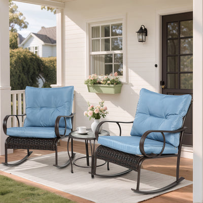 Outdoor Conversation Set of 3, Outdoor Patio Rocking Chair Set with Cushions & Coffee Table, All Weather Wicker Patio Furniture Set, Ideal for Patio, Poolside, Yard, Deck, Coffee Bar