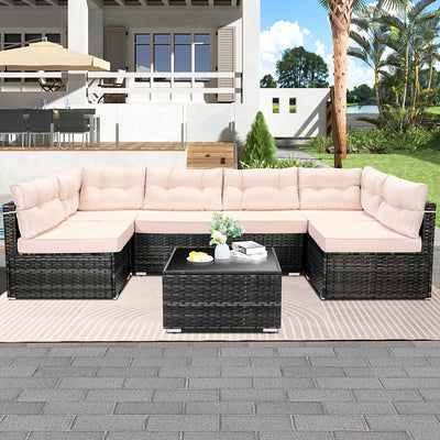 Patio Outdoor Furniture Sets, 7 Pieces All-Weather Rattan Sectional Sofa with Tea Table, Cushions & Pillow, PE Rattan Wicker Sofa Couch Conversation Set for Garden Backyard Poolside, B04