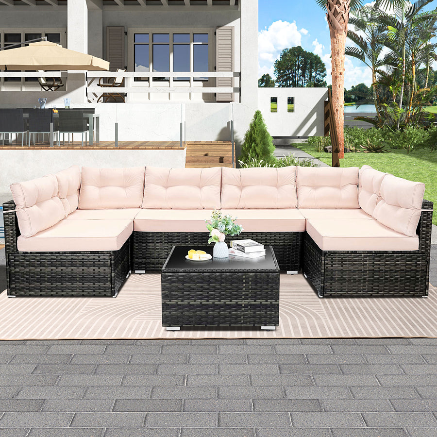 Patio Outdoor Furniture Sets, 7 Pieces All-Weather Rattan Sectional Sofa with Tea Table, Cushions & Pillow, PE Rattan Wicker Sofa Couch Conversation Set for Garden Backyard Poolside, B04