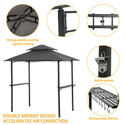Gazebo for Beach, 5x8FT BBQ Grill Gazebo Canopy for Outside, Waterproof Patio Gazebo Tent with Hook and Bar Counters, BBQ Beach Sunshelter with Double Tier Soft Top Canopy and Steel Frame, L6074