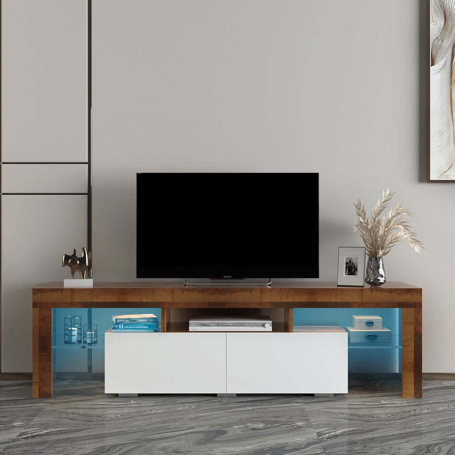 Segmart TV Stand for 70 inch TVs, Modern Fir Wood LED TV Stand with 16 Colors Light, TV Media Console High Gloss Entertainment Center with 2 Drawers and Open Shelves, Fir Wood, S9790