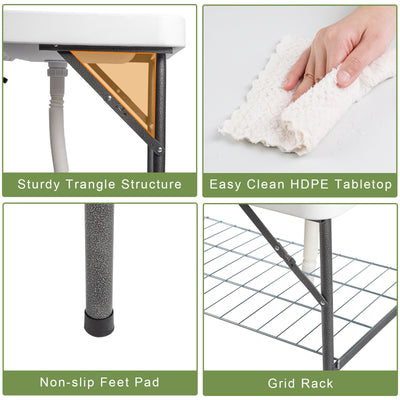 Folding Camping Table with Sink and Faucet, Portable Fish Cleaning Table, Camping Sink Table with Faucet Drainage Hose, Outdoor Fish Fillet Cleaning Station with Grid Rack for Picnic Fishing