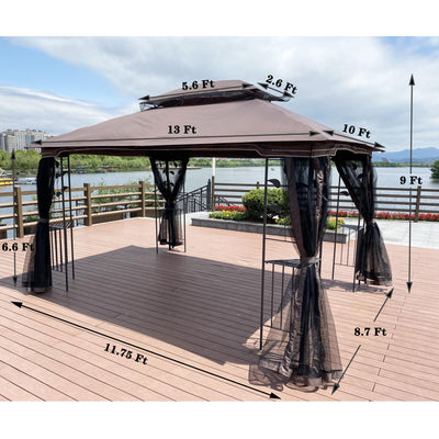 13'x10' Patio Gazebo with Mosquito Nettings, SEGMART Outdoor Shelter Tent with Metal Steel Frame, Heavy Duty Canopy Gazebo with Double Vented Roofs for Backyard, Patio, Garden, Lawn, Deck, Brown