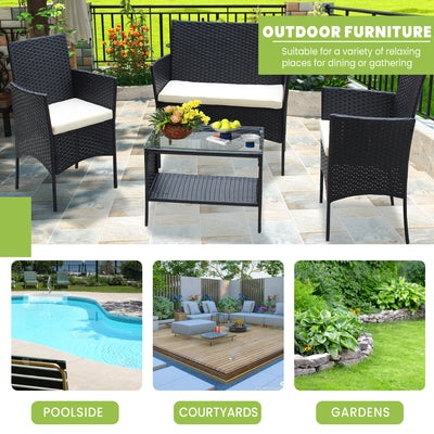 SEGMART Wicker Patio Sets, 4 Piece Outdoor Conversation Set with Glass Dining Table, Loveseat & 2 Cushioned Chairs, Modern Patio Furniture Sets for Yard, Porch, Garden, Poolside, Beige