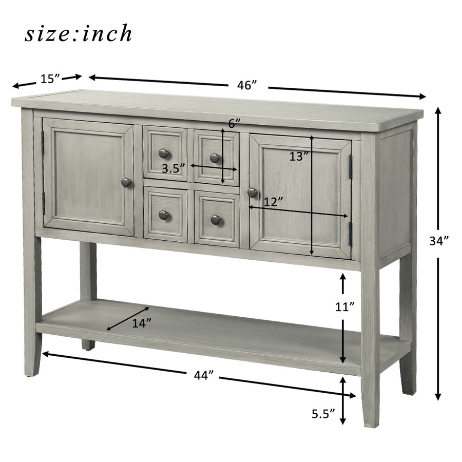 Buffet Sideboard TV Stand with 4 Drawers, 46'' x 15'' x 34'' Wood Buffet Sideboard Desk with 2 Cabinets and Bottom Shelf, Retro Tall Entryway Table w/ MDF panel for Kitchen Dining Room Cupboard, S5322