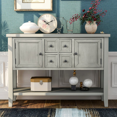 Buffet Sideboard TV Stand with 4 Drawers, 46'' x 15'' x 34'' Wood Buffet Sideboard Desk with 2 Cabinets and Bottom Shelf, Retro Tall Entryway Table w/ MDF panel for Kitchen Dining Room Cupboard, S5322