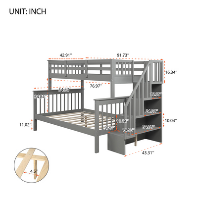 Twin-Over-Full Bunk Bed Clearance, 76.97'' x 51.57'' Space Saving Design Sleeping Bedroom Furniture w/Solid Wood Bunk Bed, Ladder and Safety Rail for Boys & Girls, 250lbs, Grey, SS677