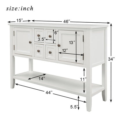 Buffet Sideboard TV Stand with 4 Drawers, 46'' x 15'' x 34'' Wood Buffet Sideboard Desk with 2 Cabinets and Bottom Shelf, Retro Tall Entryway Table w/ MDF panel for Kitchen Dining Room Cupboard, SS492