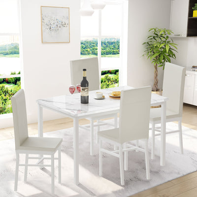 5 Piece Dining Table Sets, Metal Dinette Set Faux Marble Rectangular Breakfast Table with Metal Legs & White Finish Frame, Dining Table and Chairs for an Apartment or Breakfast Nook, White, S12514