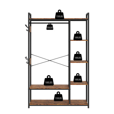 70" Heavy Duty Freestanding Metal Clothes Rack with Wood Shelves, Rustic Wardrobe Closet Organizer with Shoe Shelves, Garment Rack for Clothing Storage