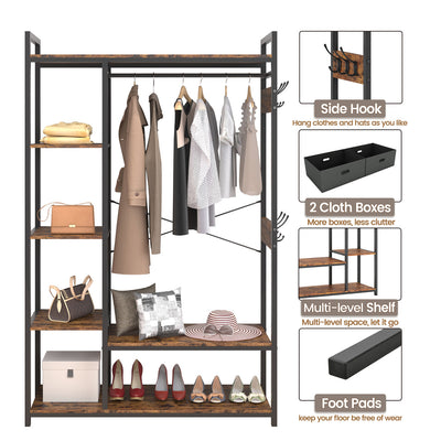 70" Heavy Duty Freestanding Metal Clothes Rack with Wood Shelves, Rustic Wardrobe Closet Organizer with Shoe Shelves, Garment Rack for Clothing Storage