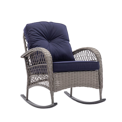3PCS Outdoor Patio Furniture Rocking Chair Sets, Outdoor Poolside Bistro Chair Conversation Set w/ Table, 2 Rocking Chair, Removable Cushions, 275lbs, Navy, SS305