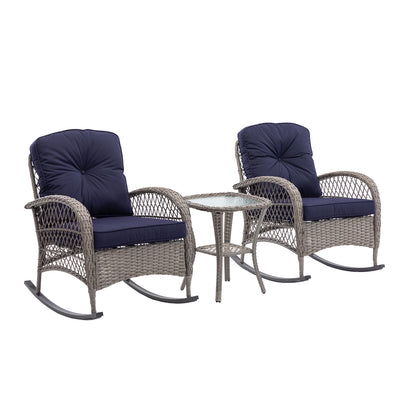 3PCS Outdoor Patio Furniture Rocking Chair Sets, Outdoor Poolside Bistro Chair Conversation Set w/ Table, 2 Rocking Chair, Removable Cushions, 275lbs, Navy, SS305