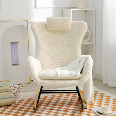 Modern Teddy Fabric Nursery Rocking Chair, Accent Rocker Chair with High Backrest for Nursery, Accent Glider Rocker Rocking Accent Chair for Living Room Bedroom Playroom