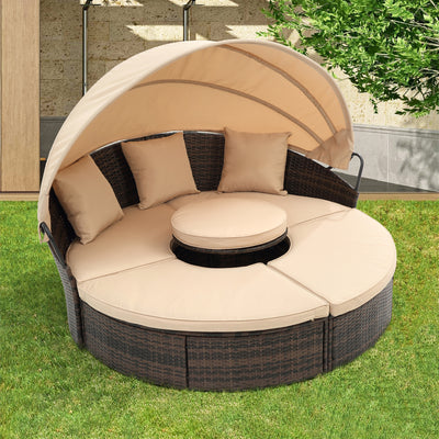 Patio Daybed, Outdoor Wicker Furniture Set with Four-Sided Canopy and Overhead Curtains, Outdoor Sofa Set w/Adjustable Seat for Patio Deck Poolside Garden Backyard