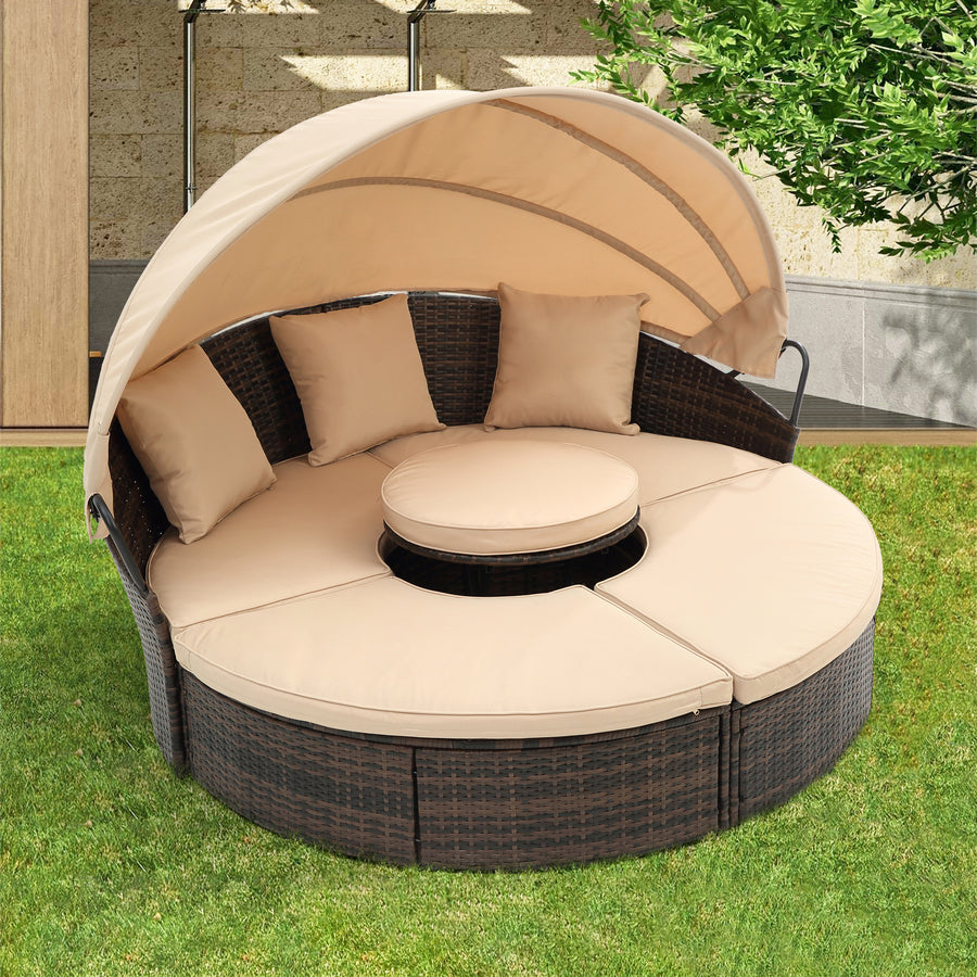 Patio Daybed, Outdoor Wicker Furniture Set with Four-Sided Canopy and Overhead Curtains, Outdoor Sofa Set w/Adjustable Seat for Patio Deck Poolside Garden Backyard