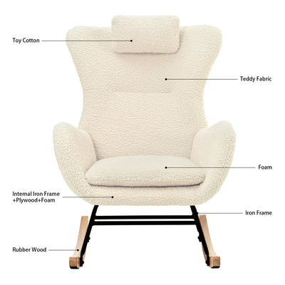 Modern Teddy Fabric Nursery Rocking Chair, Accent Rocker Chair with High Backrest for Nursery, Accent Glider Rocker Rocking Accent Chair for Living Room Bedroom Playroom