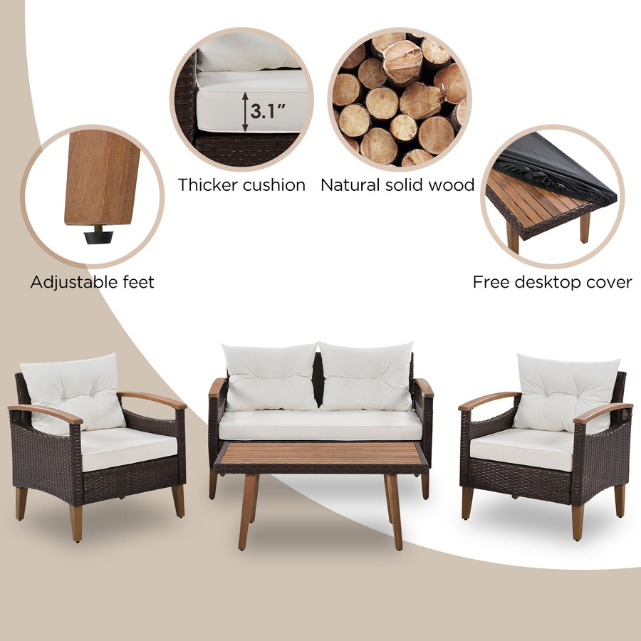 Patio Sofa Set, 4 Pieces Outdoor Sectional Furniture, All-Weather PE Rattan Wicker Patio Conversation Set, Cushioned Sofa Set with Coffee Table for Patio Garden Poolside Deck