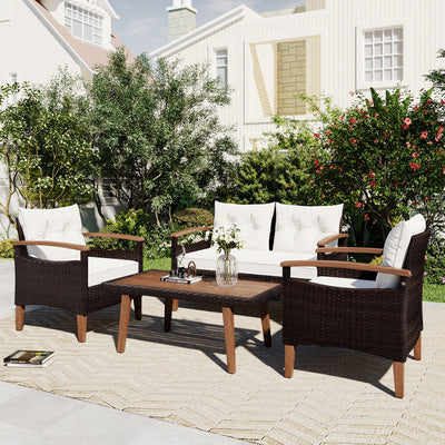 Patio Sofa Set, 4 Pieces Outdoor Sectional Furniture, All-Weather PE Rattan Wicker Patio Conversation Set, Cushioned Sofa Set with Coffee Table for Patio Garden Poolside Deck