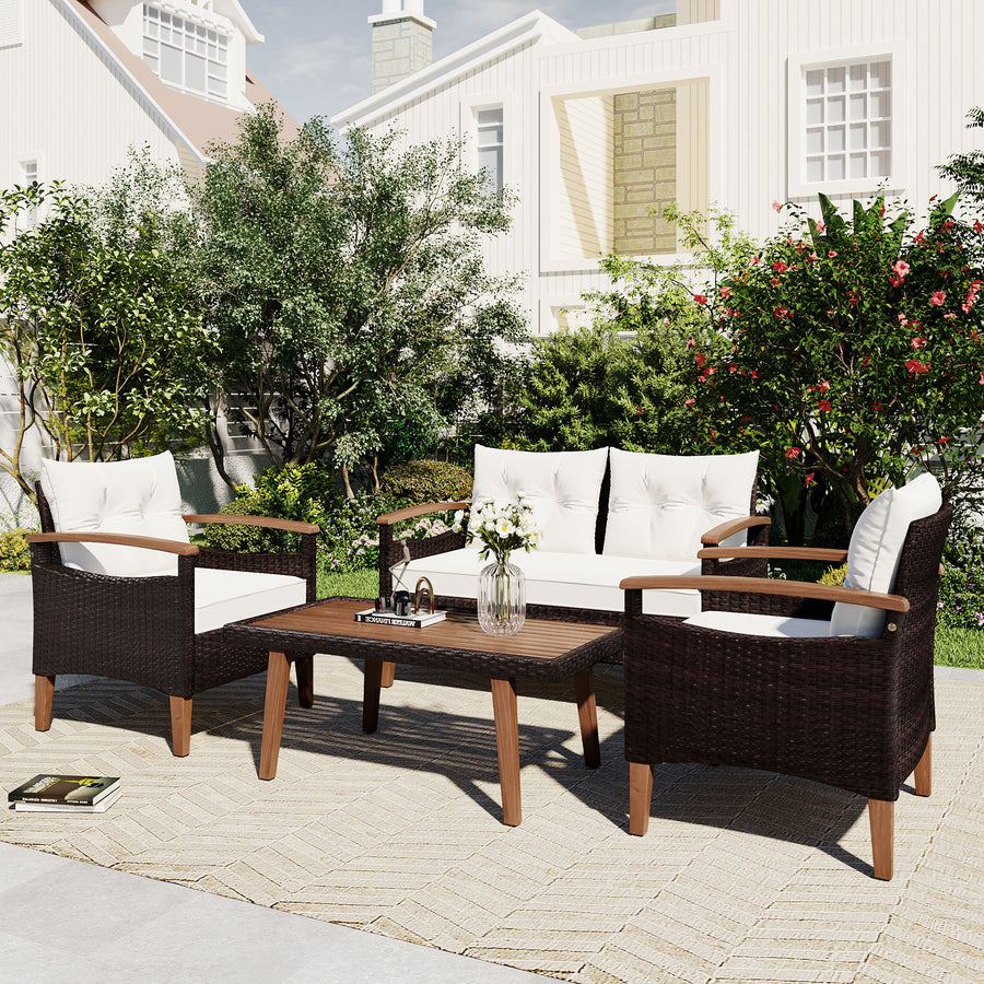Patio Sofa Set, 4 Pieces Outdoor Sectional Furniture, All-Weather PE Rattan Wicker Patio Conversation Set, Cushioned Sofa Set with Coffee Table for Patio Garden Poolside Deck