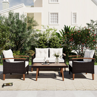 Patio Sofa Set, 4 Pieces Outdoor Sectional Furniture, All-Weather PE Rattan Wicker Patio Conversation Set, Cushioned Sofa Set with Coffee Table for Patio Garden Poolside Deck