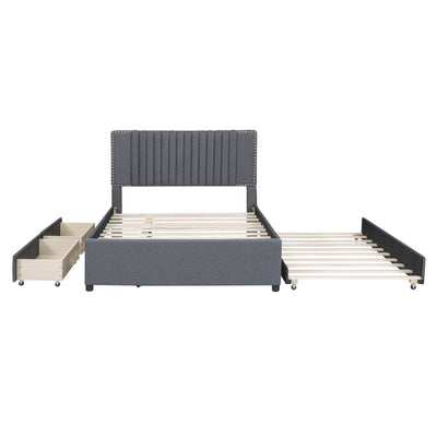 Upholstered Platform Bed with Trundle, Upholstered Bedframe w/2 Storage Drawers for Kids, Teens, Mattress Foundation for Bedroom, Guestroom, Dorm, No Box Spring Required