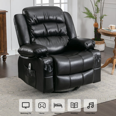Large Power Swivel Recliner Chair with Massage and Heat, Ergonomic Rocker Single Sofa for Adults, Modern Lounge Recliners with Rocking Function and Side Pocket, 2 Cup Holders, USB Charge Port, Brown