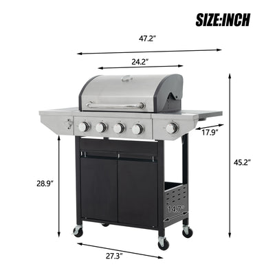 SEGMART 4 Burner Propane Gas Grill with Side Burner, Stainless Steel 38,200 BTU Outdoor Cooking BBQ Grill with Lid, Wheels, Shelves and Bottle Opener for Outdoor Cooking Picnic
